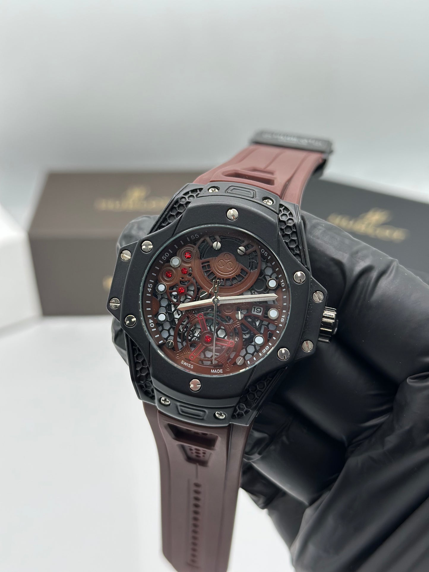 Black Skeleton Dial Brown Rubber Strap Watch