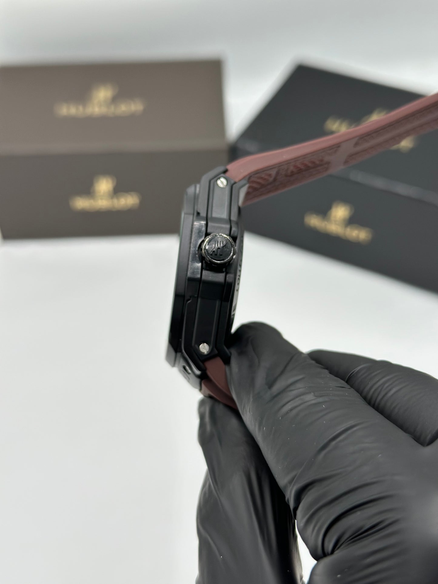Black Skeleton Dial Brown Rubber Strap Watch