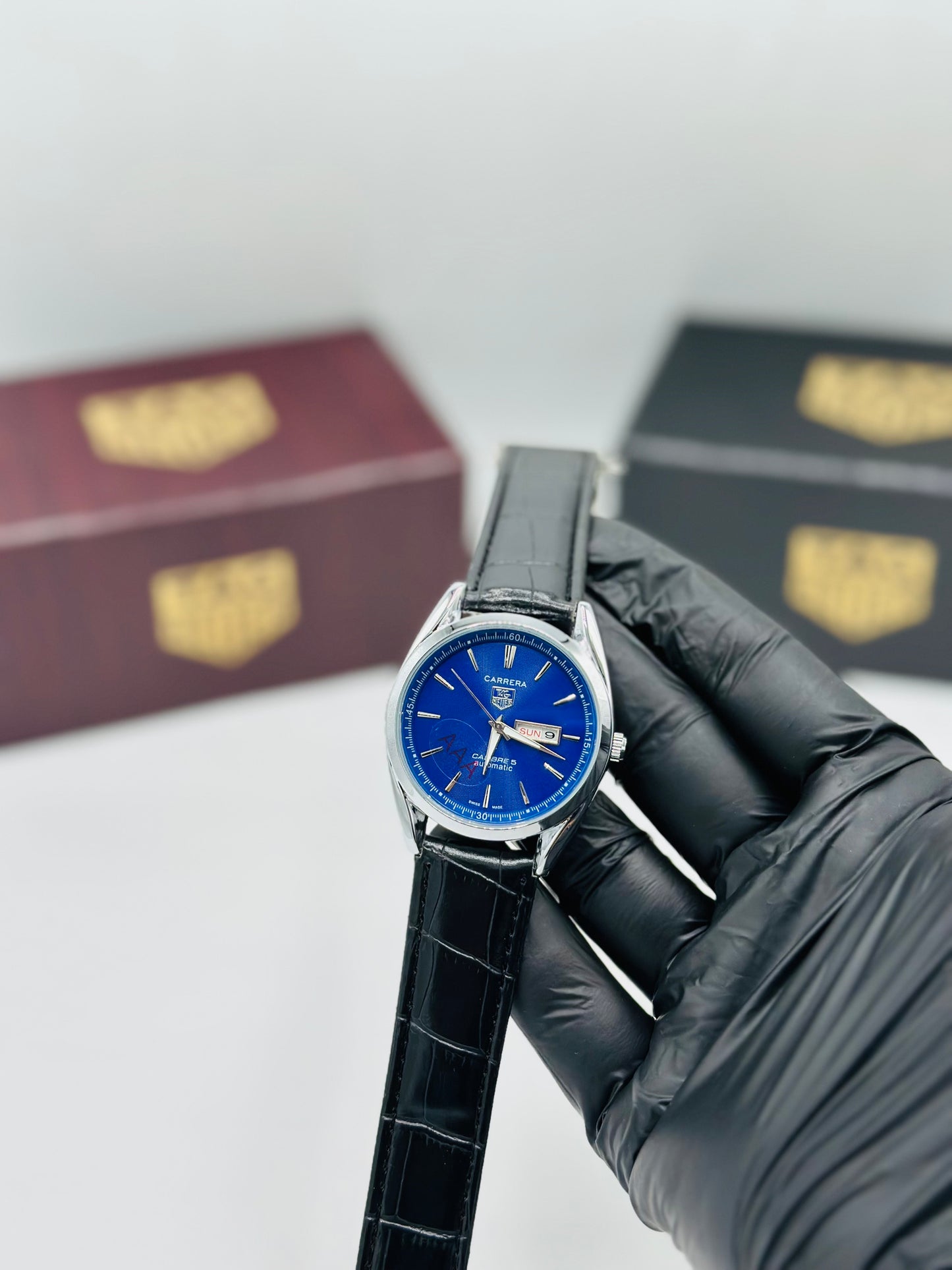 Black Leather Strap Blue Inner Dial Men’s Watch