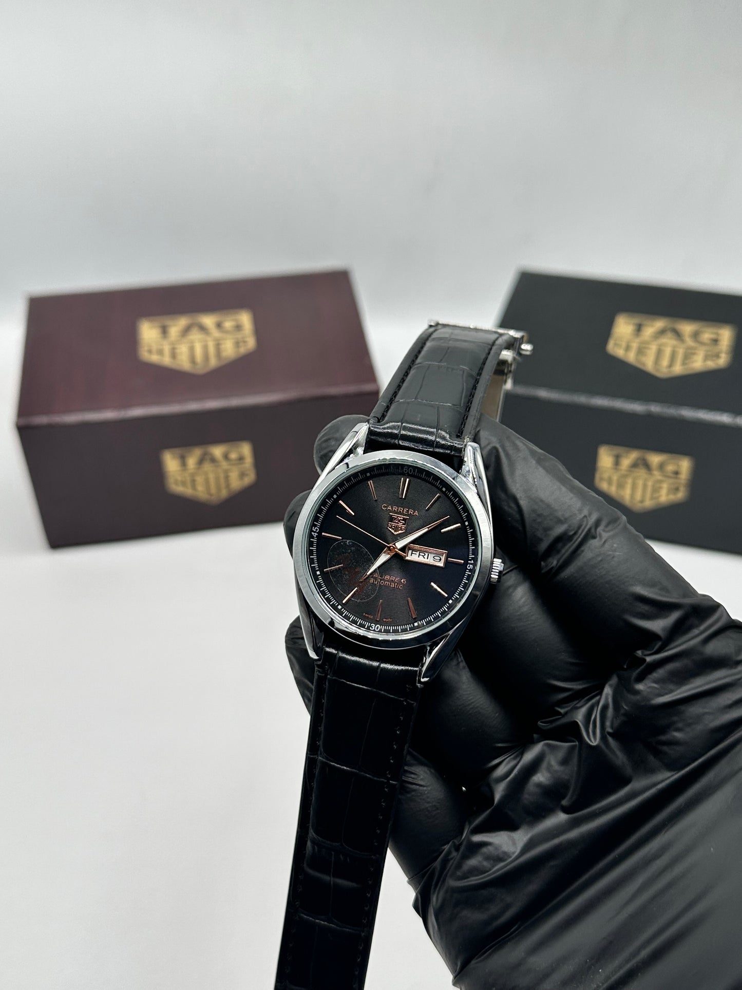 Black Leather Strap Black Dial Men’s Watch