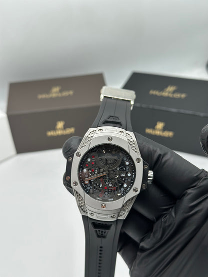 Silver Skeleton Dial Black Strap Men’s Watch