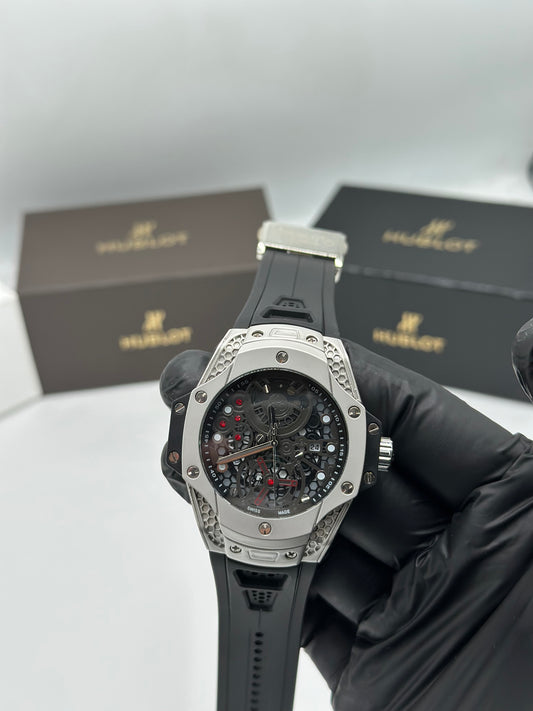 Silver Skeleton Dial Black Strap Men’s Watch