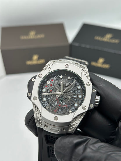 Silver Skeleton Dial Black Strap Men’s Watch