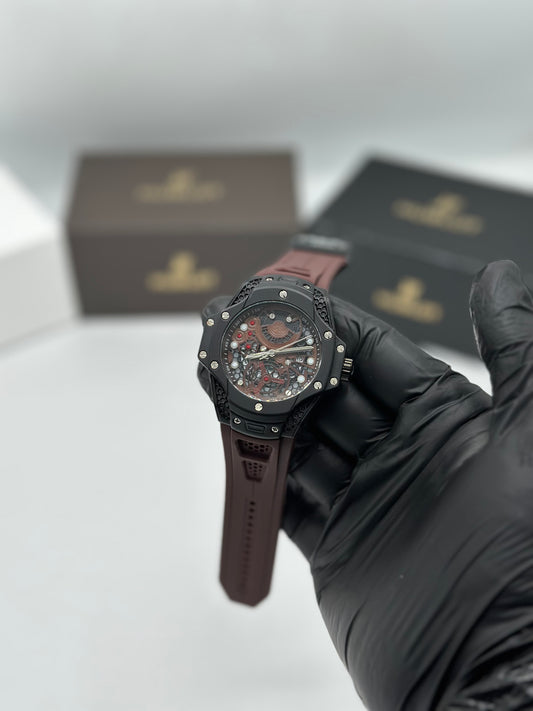 Black Skeleton Dial Brown Rubber Strap Watch