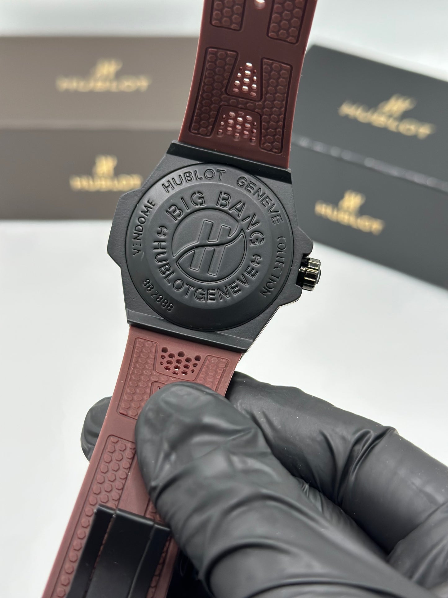 Black Skeleton Dial Brown Rubber Strap Watch