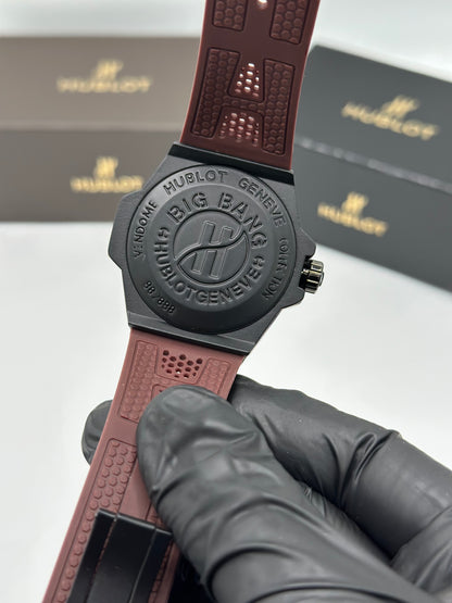 Black Skeleton Dial Brown Rubber Strap Watch