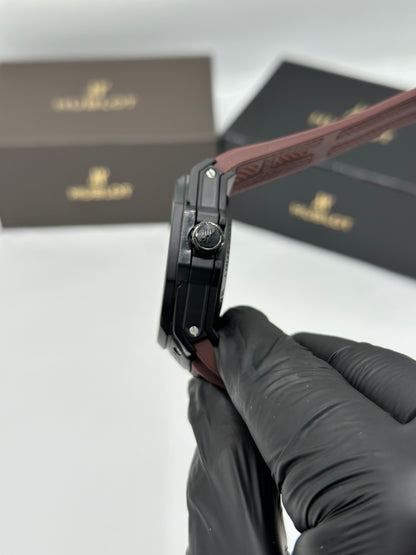 Black Skeleton Dial Brown Rubber Strap Watch