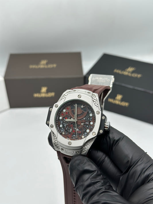 Silver Skeleton Dial Brown Strap Men’s Watch