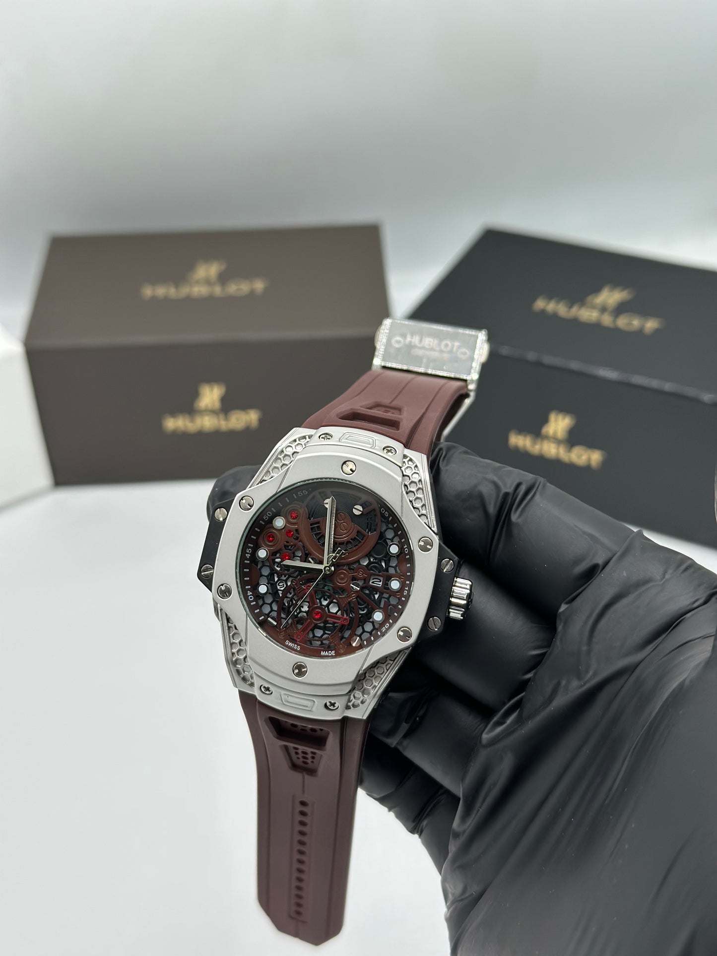 Silver Skeleton Dial Brown Strap Men’s Watch