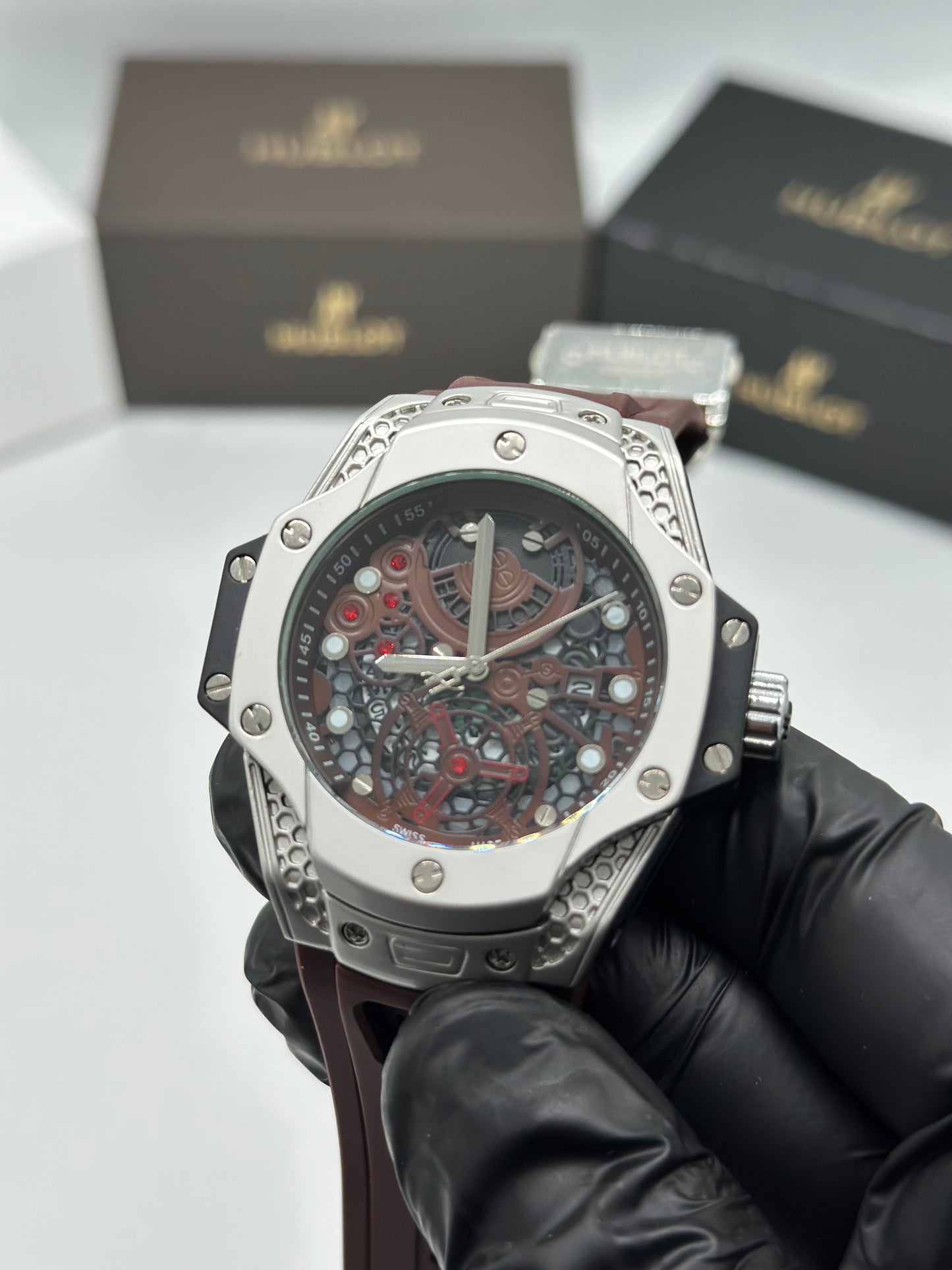 Silver Skeleton Dial Brown Strap Men’s Watch