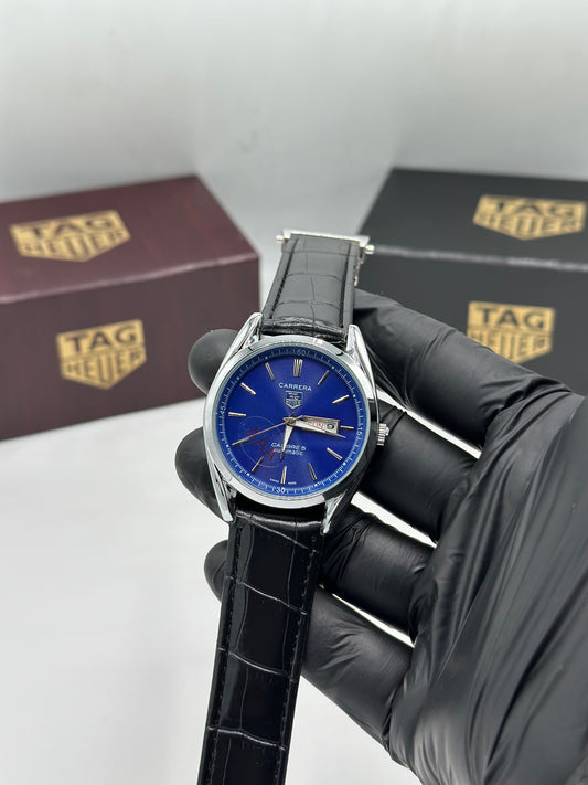 Black Leather Strap Blue Inner Dial Men’s Watch
