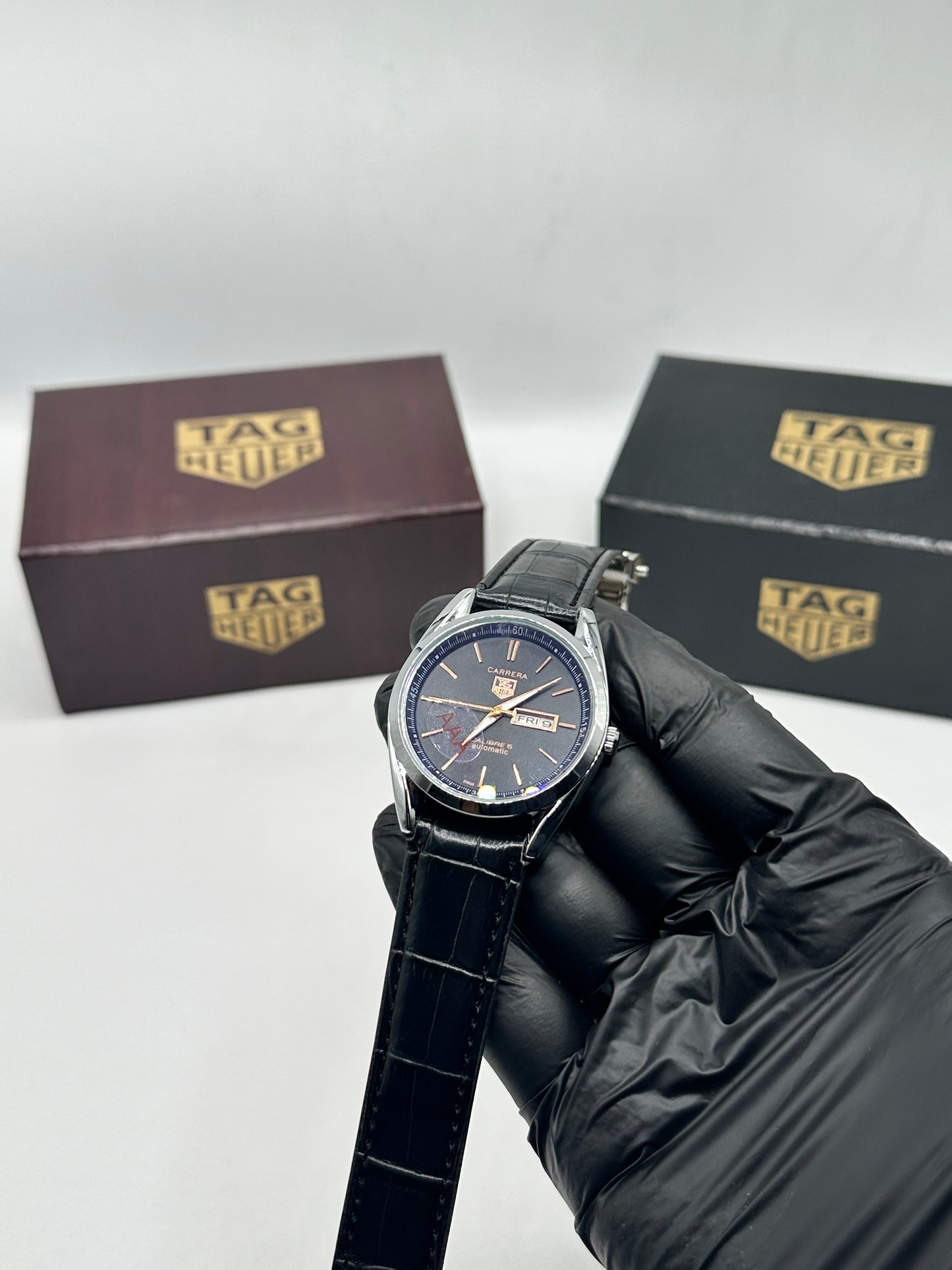 Black Leather Strap Black Dial Men’s Watch
